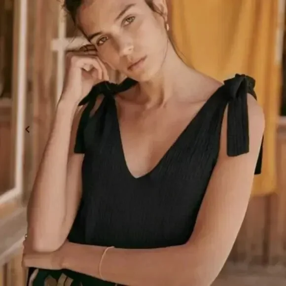 Sezane Gisele Top Womens 8 Black Cotton Gauze Tank Shoulder Tie Minimalist Flowy - Picture 8 of 8